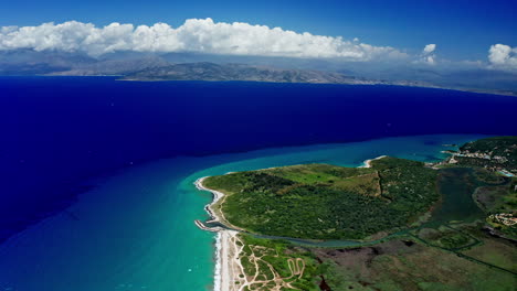 aerial drone shot over the long stretching beaches in the north of corfu in greece