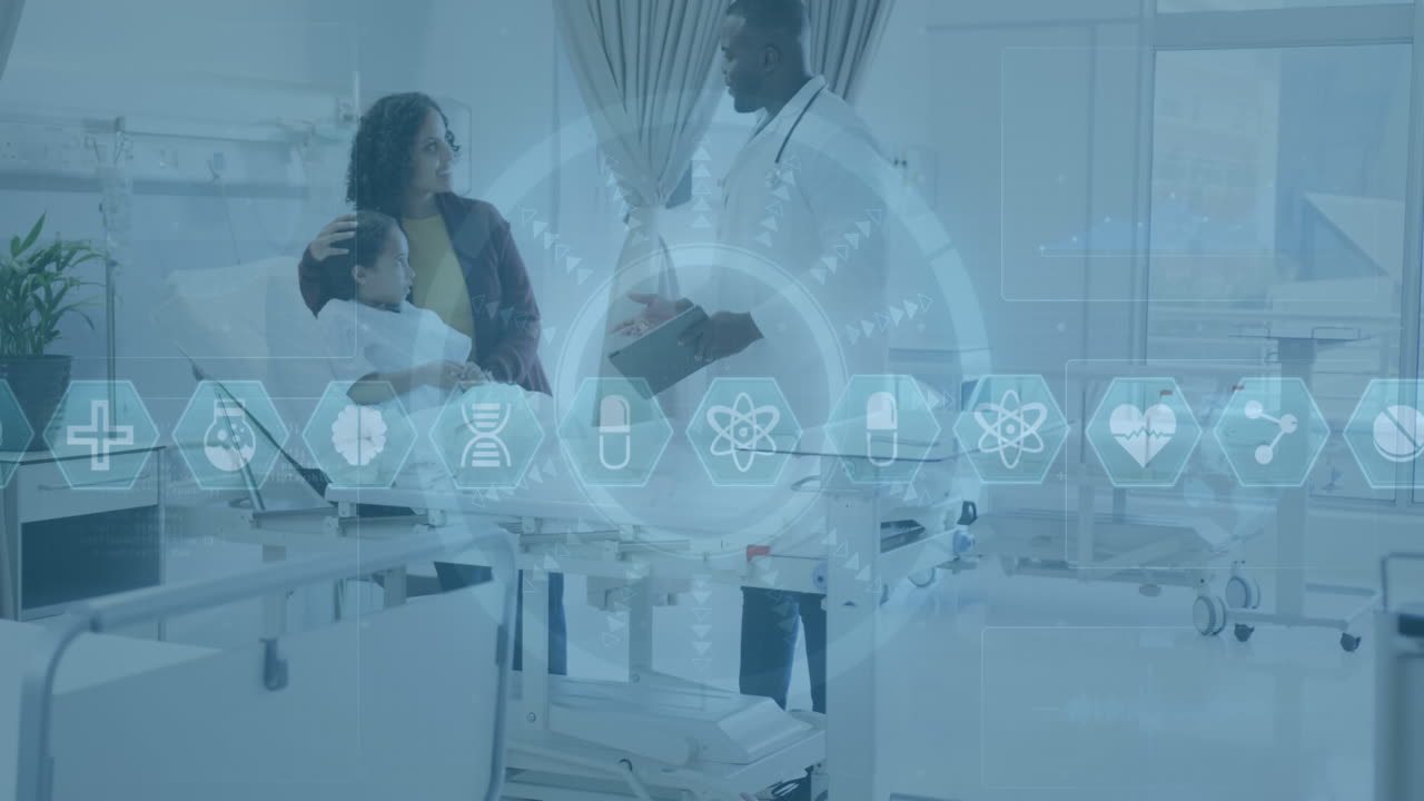 animación de procesamiento de datos médicos sobre médico afroamericano con pacientes