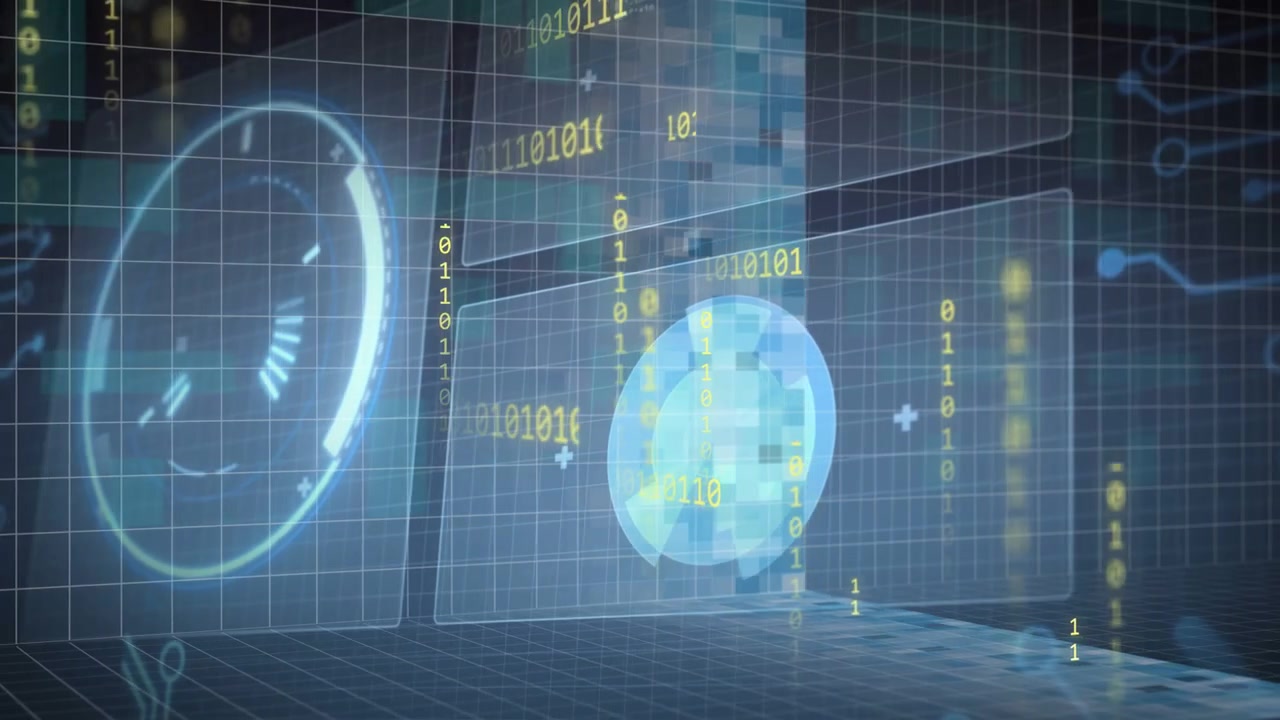 Holo activating, pie widget rotating, opening core, pixels forming, binary raining, showing data