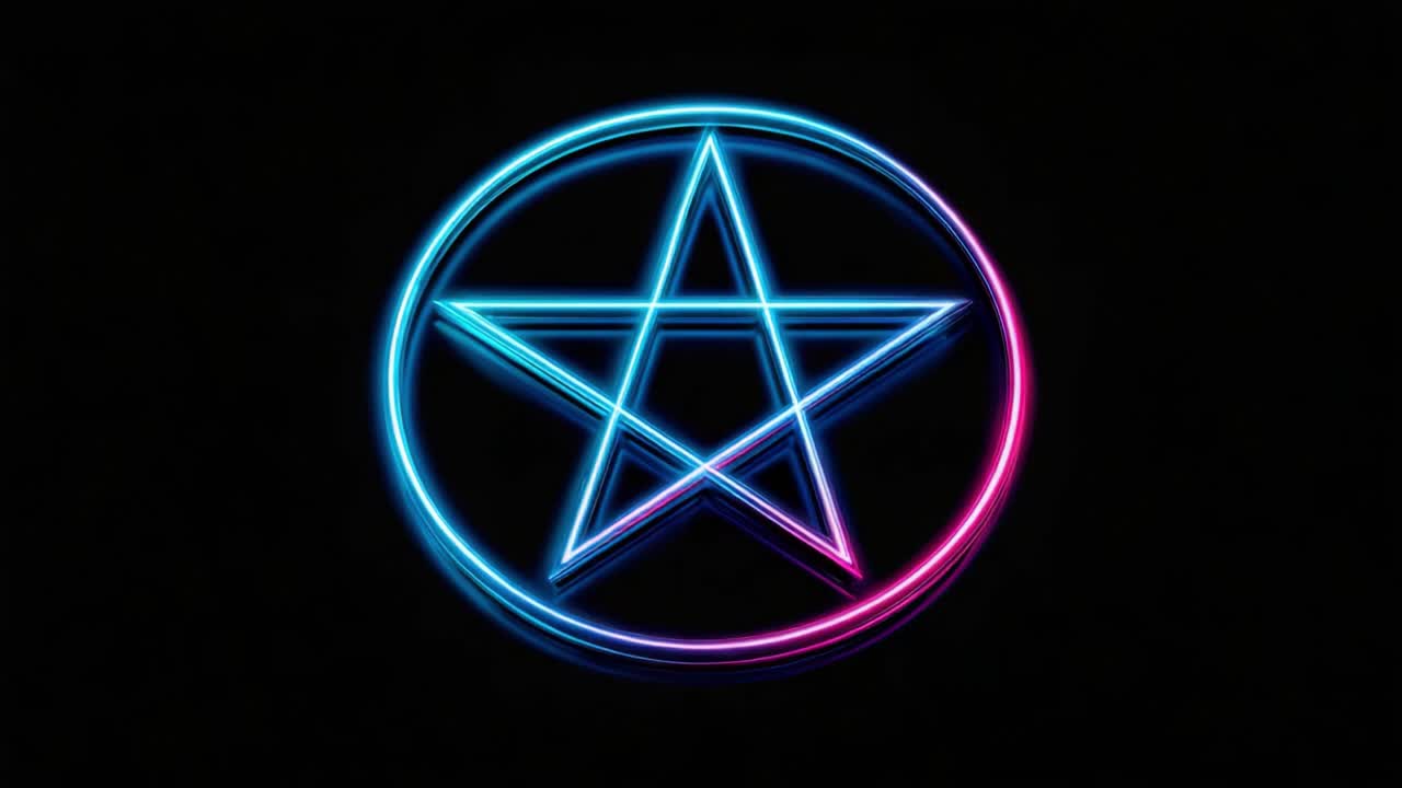 Osvětlený neonový symbol pentagramu na tmavém pozadí s dynamickými barvami a moderním estetickým dojmem v umělecké interpretaci mystických témat.