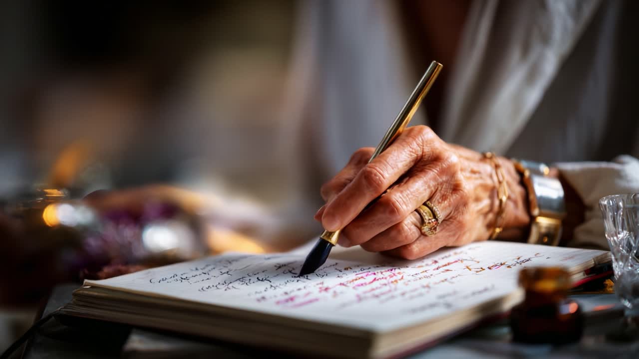 A Close-Up of a Hand Writing Elegantly in a Notebook with a Gold Pen, Featuring Scribbled Notes, Artistic Handwriting Style, Captivating Light and Warm Atmosphere