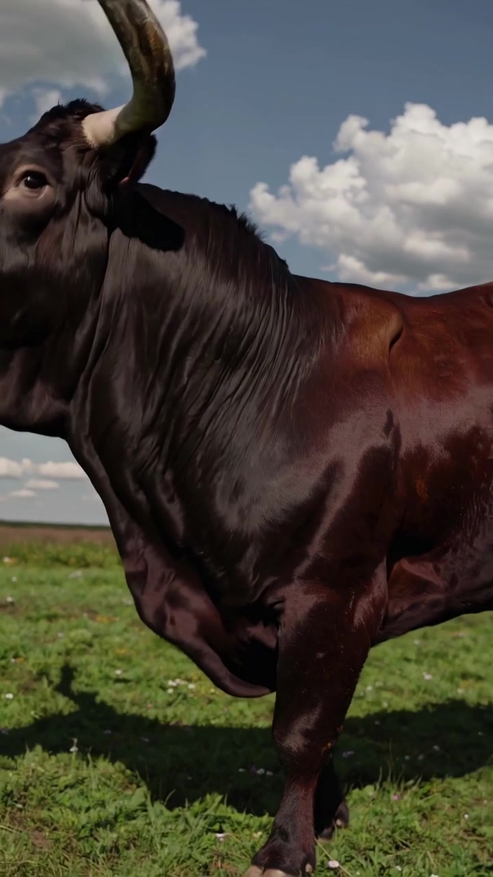 Grande toro scuro che pascola in un campo verde in una giornata di sole.