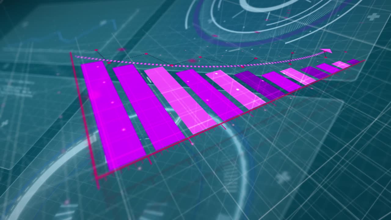 animación de gráficos rosados sobre escáneres y procesamiento de datos en interfaz oscura