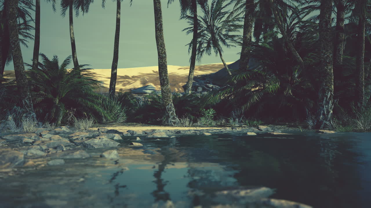 escena colorida con una palmera sobre un pequeño estanque en un oasis del desierto