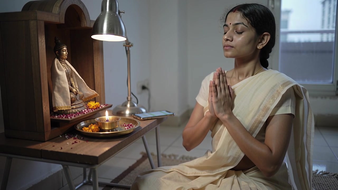 Young Indian Woman Praying in Front of a Buddha Statue