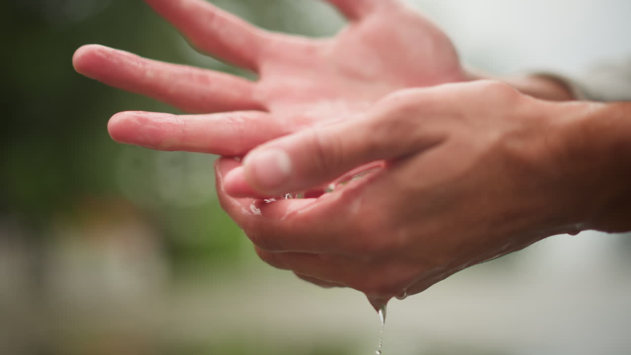 Hands grasping water droplets near fountain, Streams of water touch fingertips against cloudy park backdrop, Gently catching water drops with fingers beside fountain under overcast sky