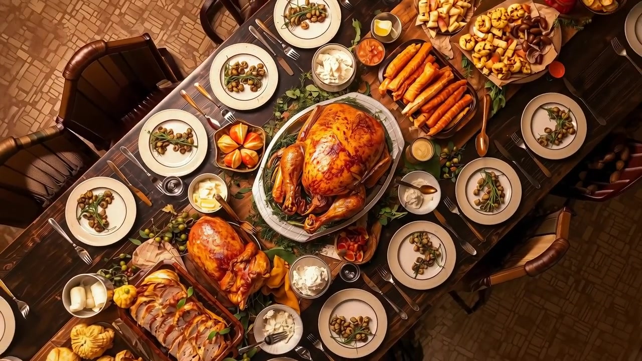 Rotating camera capturing large roasted turkey centered on rustic dining table, documenting feast