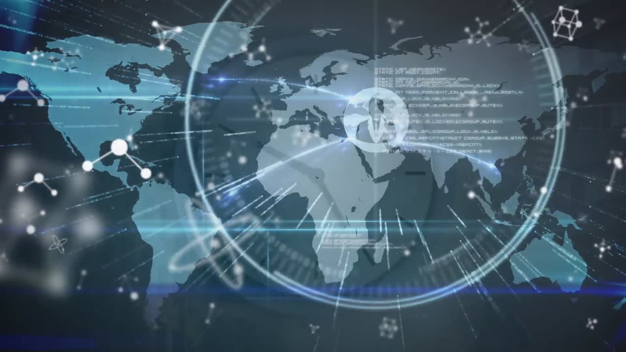 시계와 세계 지도에 대한 데이터 처리의 애니메이션