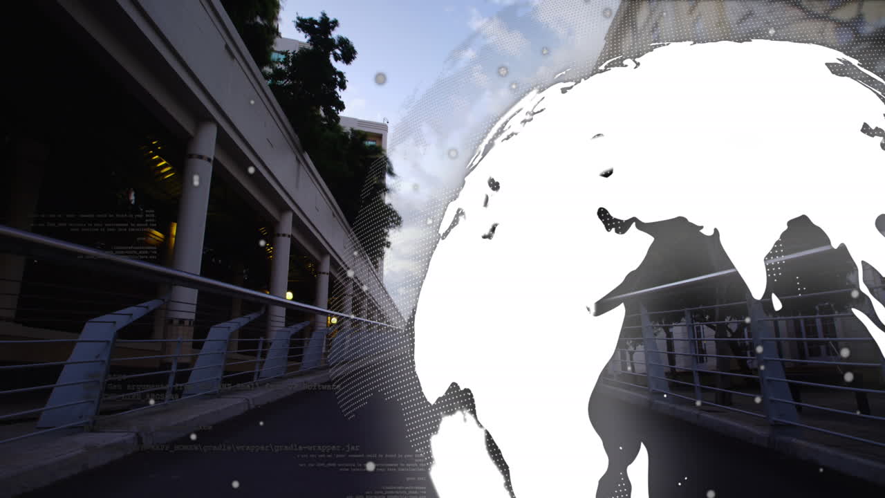 animación de giro del globo con conexiones sobre el paisaje urbano.