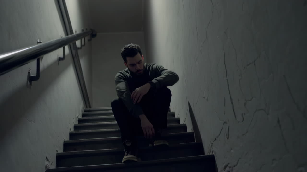 Man Sitting on Stairs in a Dark Hallway