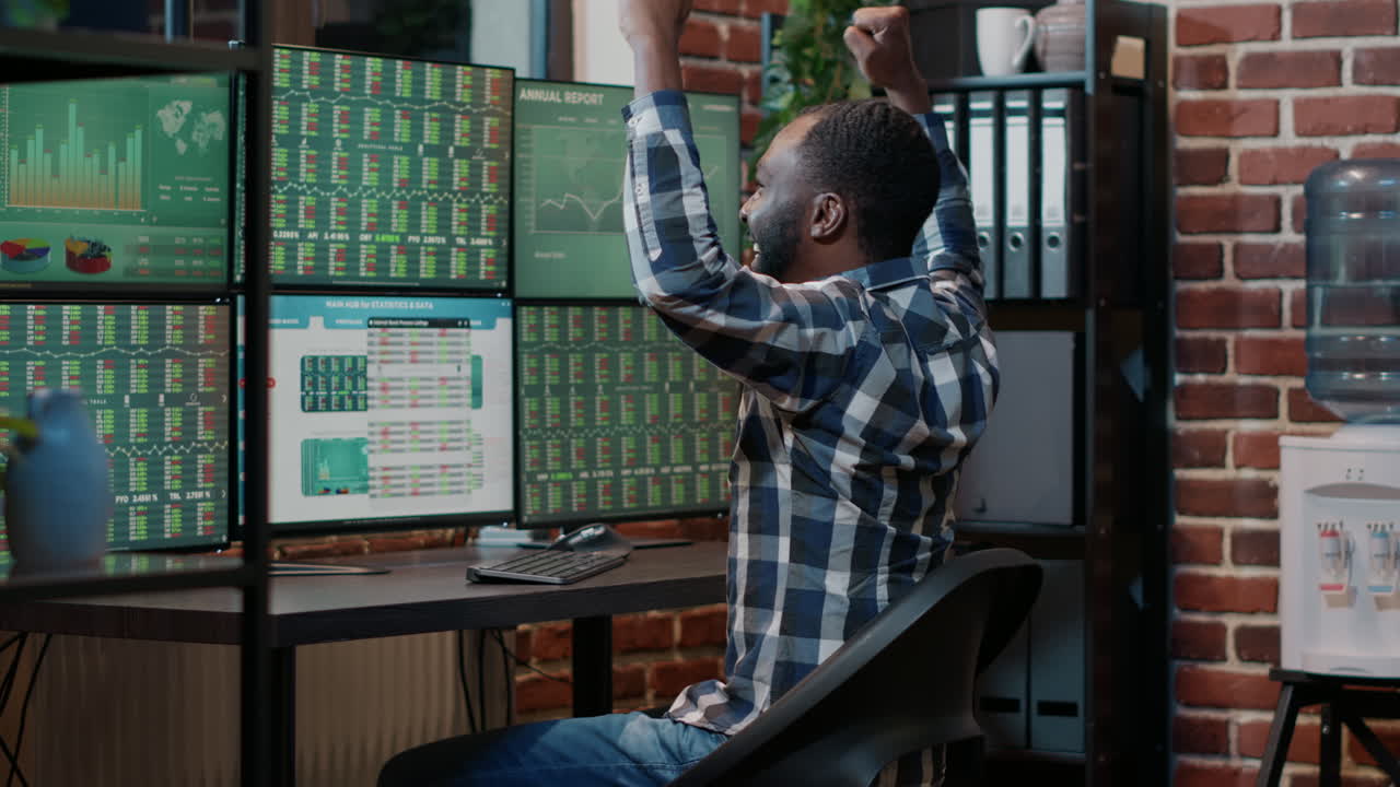 Business man feeling happy about successful financial trade