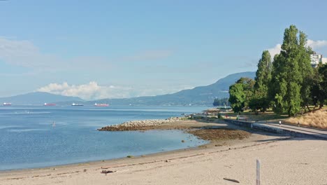 Stunning-drone-aerial-shot-in-Sunset-Beach-Park---North-Vancouver-British-Columbia,-Canada