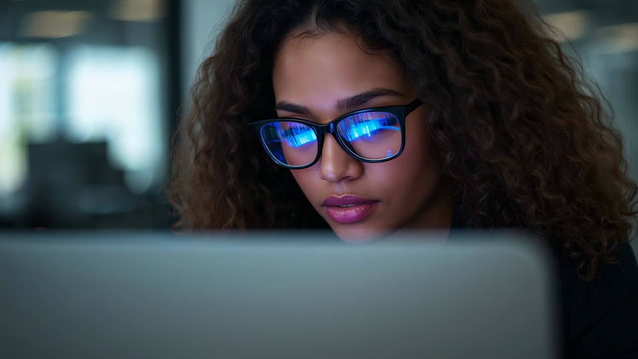 Laptop screen illuminating face, woman leaning and reading in office, glasses reflecting blue light