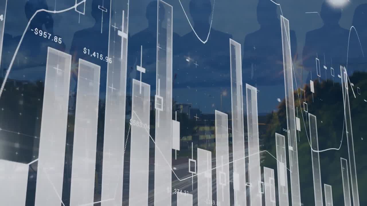 animación de múltiples gráficos y sombras de personas sobre la vista de la ciudad con cielo despejado.