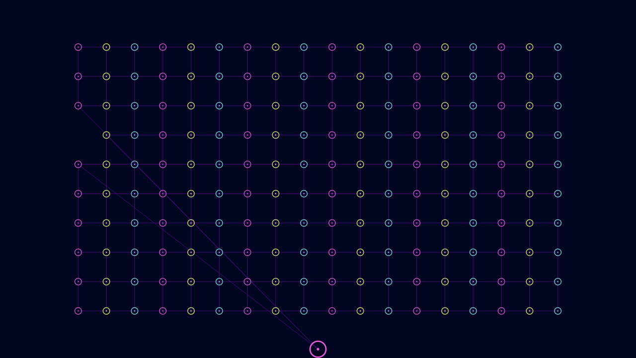 Rainbow neon rings and dots pattern with grid lines