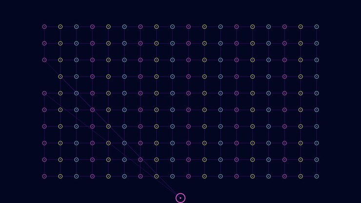 Rainbow neon rings and dots pattern with grid lines