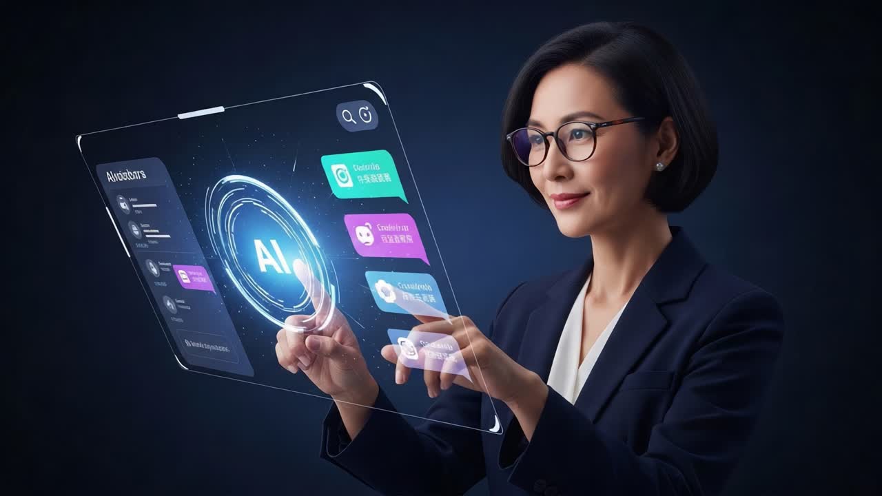 Woman Interacting with Advanced AI Interface: A Glimpse into the Future of Technology and Human Interaction with Artificial Intelligence for Enhanced Experiences