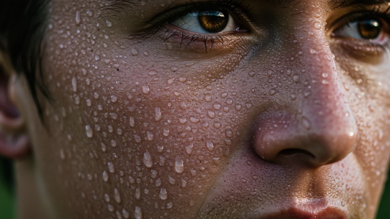 A close-up portrayal of a person's face glistening with fresh droplets of water, capturing the raw emotions and the natural beauty in the moment