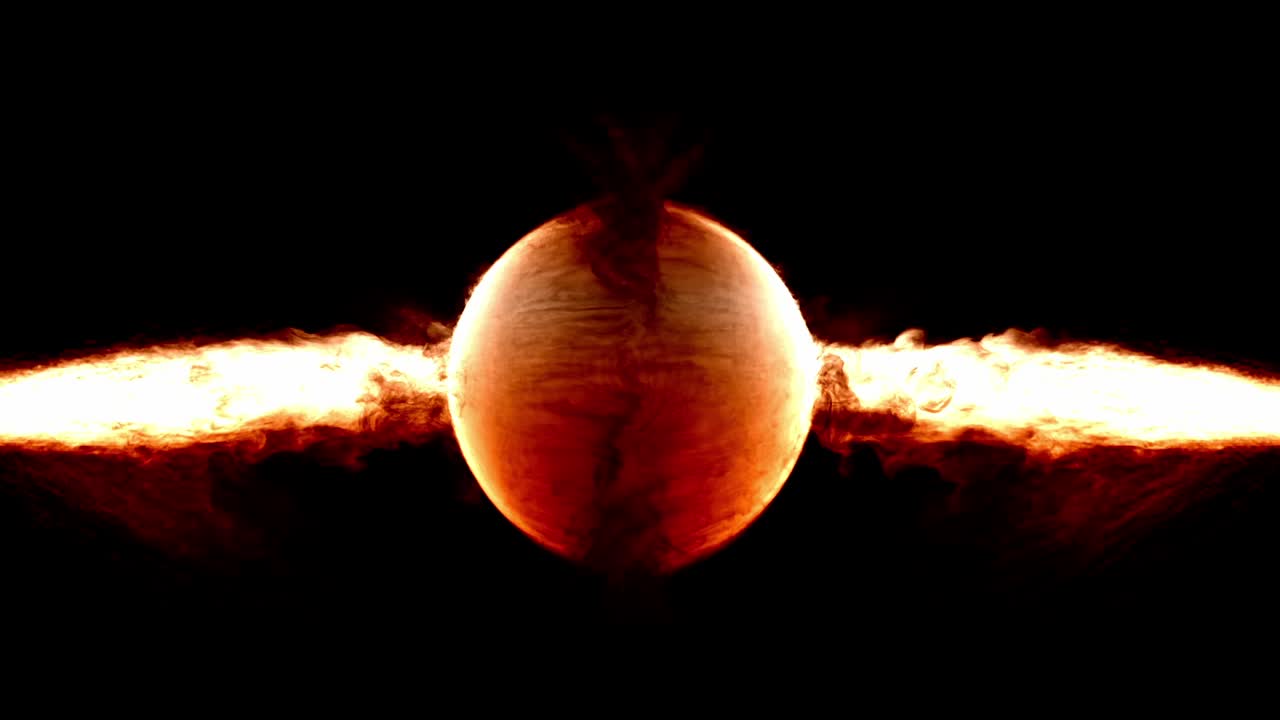 Two fireballs collide to create a central sphere of fire on black background. For intros, logos, or abstract energy concepts