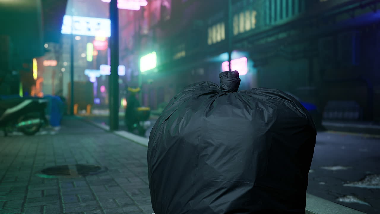 City street at night with trash bag near neon lights and empty sidewalk