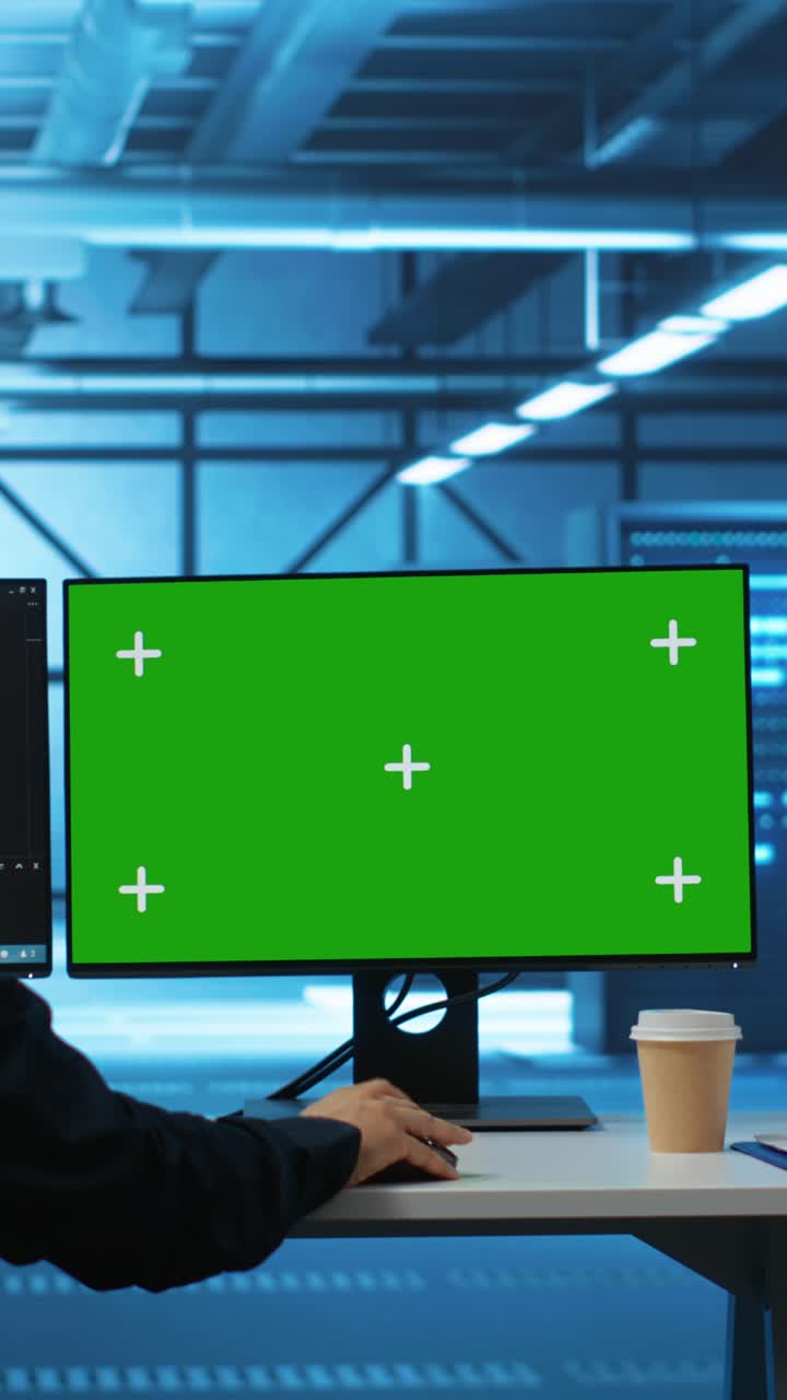 Person Working on Green Screen Computer Monitor in Data Center