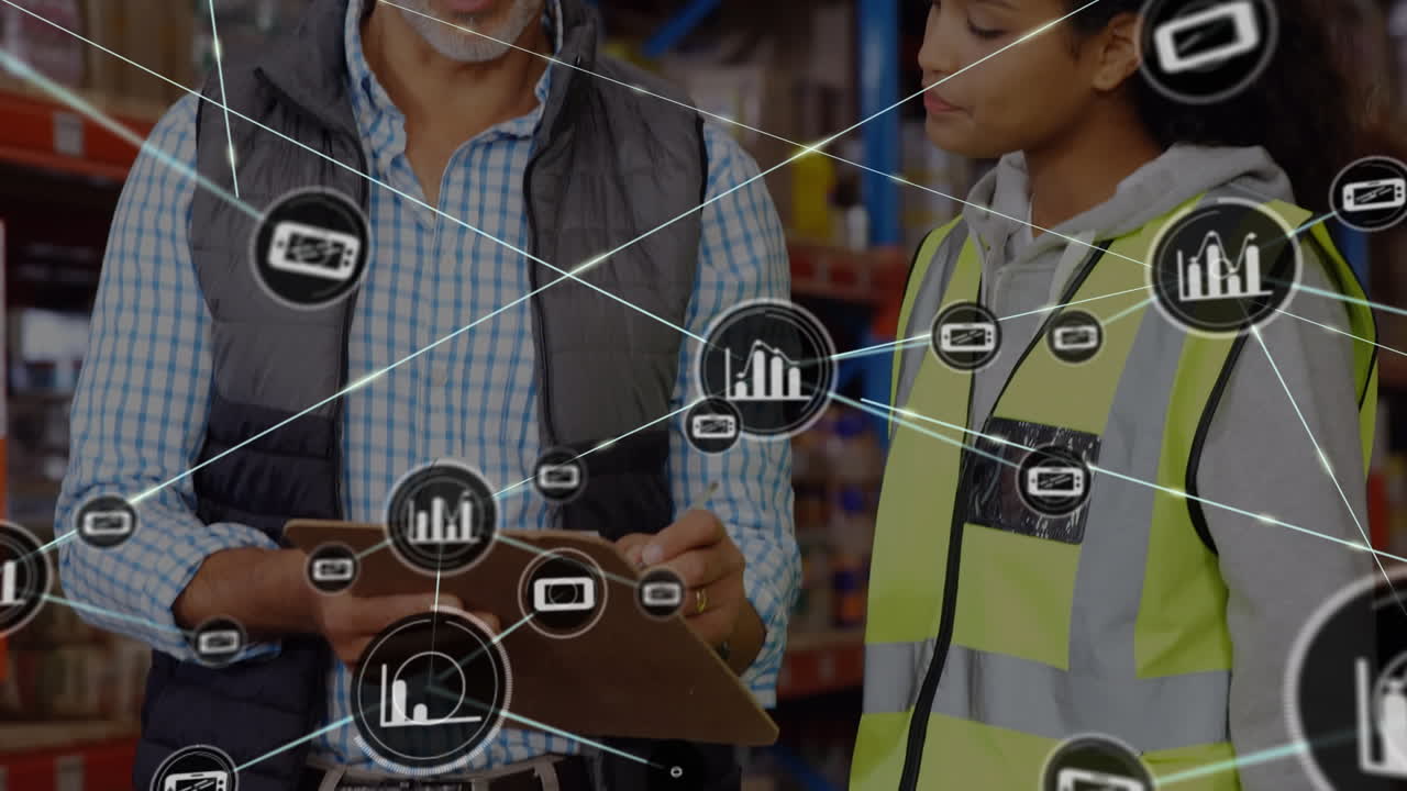 animación de la red de conexiones entre diversos trabajadores en el almacén