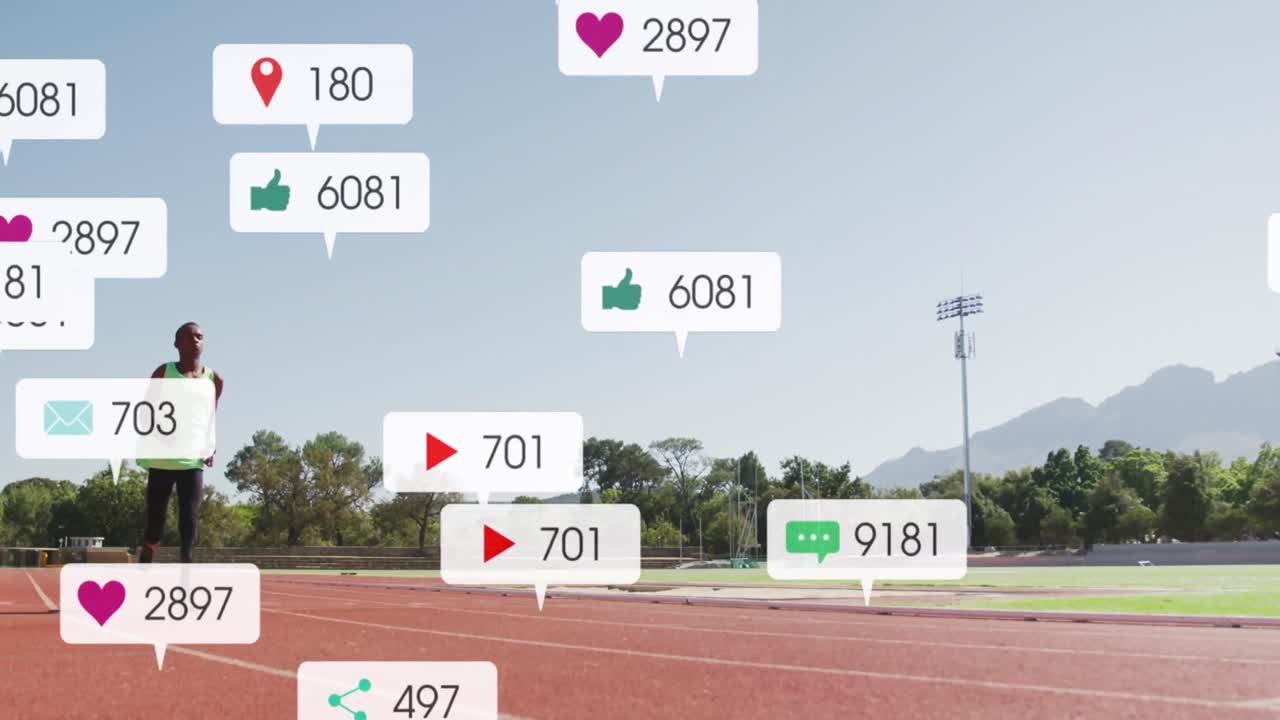 알림 바의 애니메이션, 아프리카계 미국인 운동 선수가 달리고 라프를 완료하기 위해 손을 들어 올립니다.