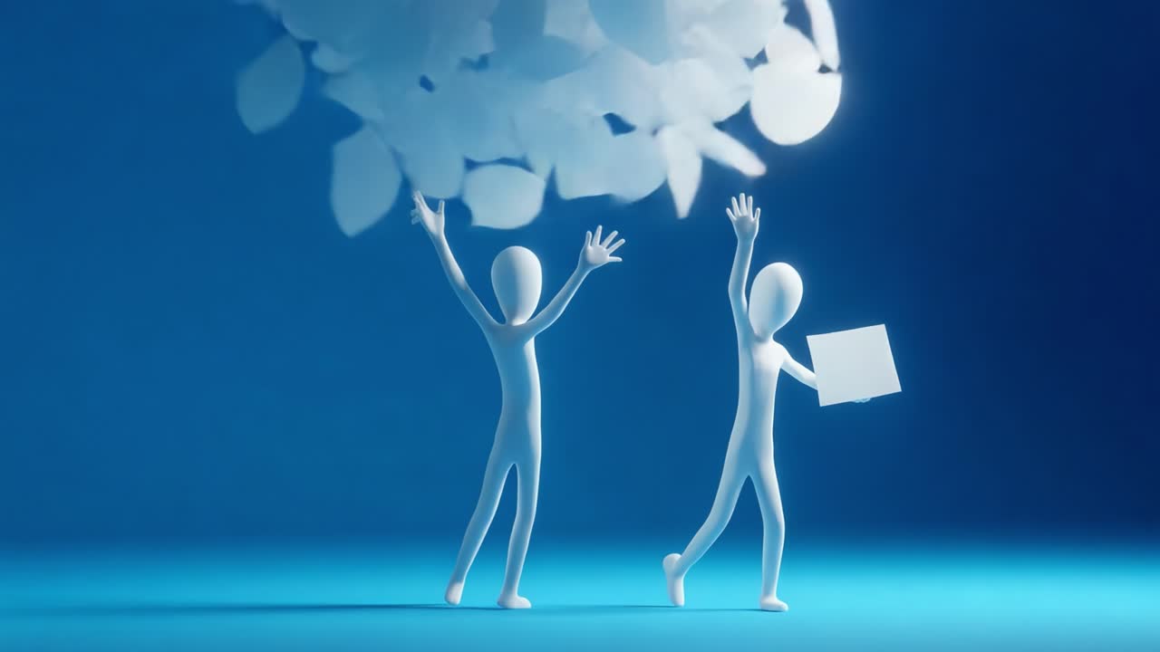 Two animated figures celebrating with flying papers in a vibrant blue environment, depicting joy, teamwork, and the release of ideas or documents in a cheerful, creative manner