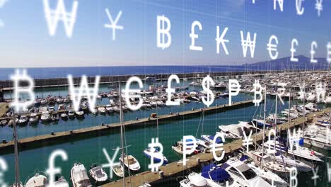 animation of multiple currency and grid pattern over aerial view of parked boats at dock