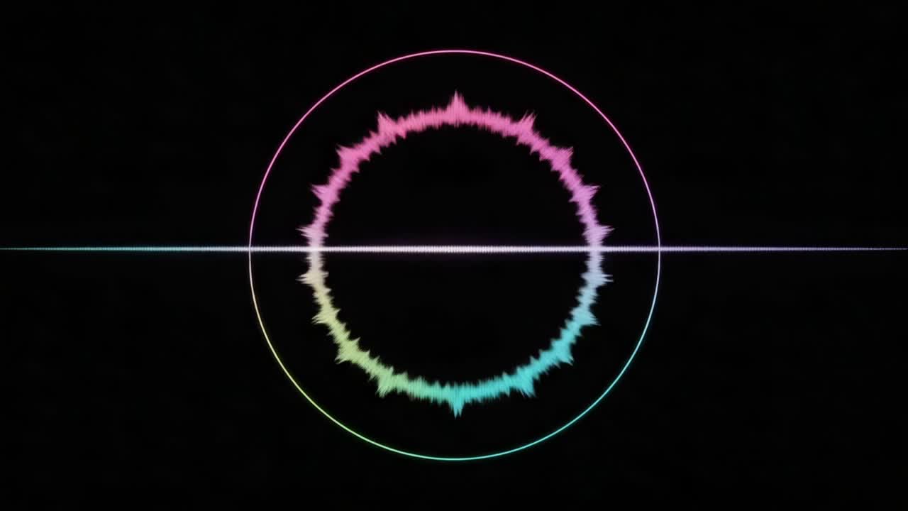 Visual Representation of Sound Waves in a Circular Format, Showing Vibrant Waveforms Transitioning from Smooth to Jagged Shapes Amidst a Dark Background