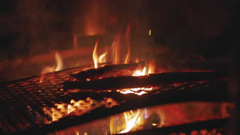 checking tender reindeer meat grilling over swedish homestead barbecue flames at night