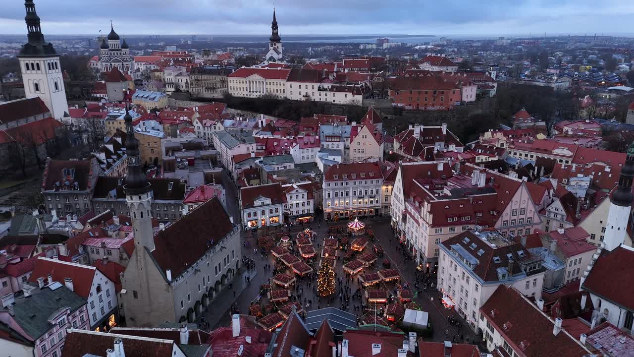 Aerial view of the Tallinn Christmas market in Estonia showing a Christmas tree and different stalls