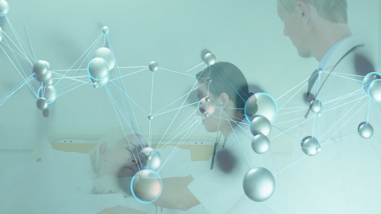 Female doctor examining patient in hospital room, displaying holographic molecular network overlay