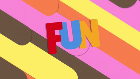 colorful fun text animation over vibrant diagonal stripes background in motion