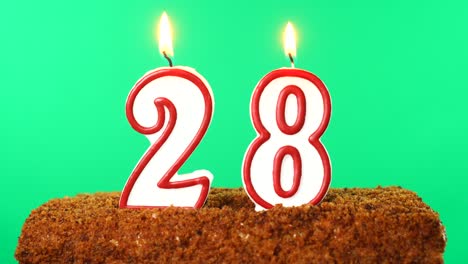 cake with the number 28 lighted candle. chroma key. green screen. isolated