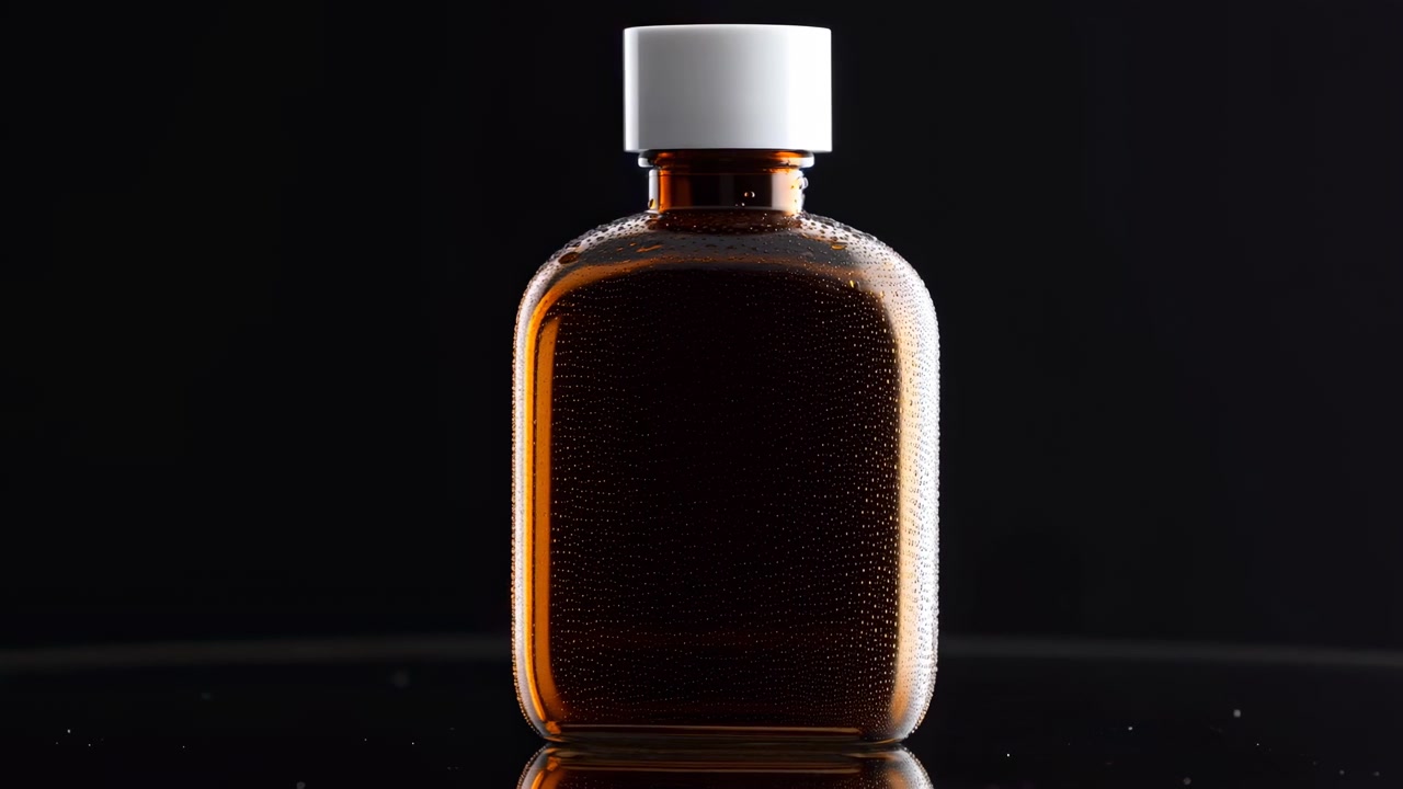 Une bouteille sombre centrée se dresse sur une surface brillante avec un éclairage doux des bords, montrant une texture de verre réfléchissante, une silhouette lisse et un agencement minimaliste sur un fond noir profond en vue verticale.