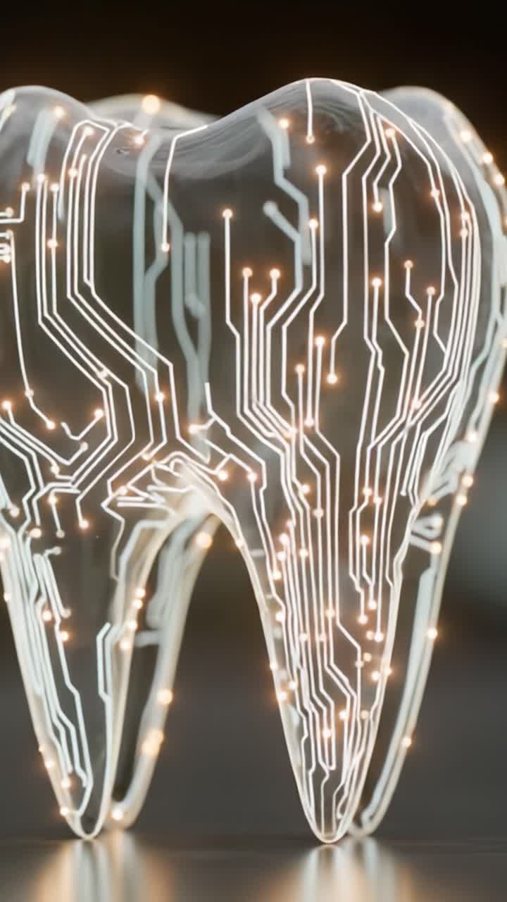 A Futuristic Tooth Sculpture Incorporating Circuitry and Light Patterns, Symbolizing the Intersection of Dental Science and Technology