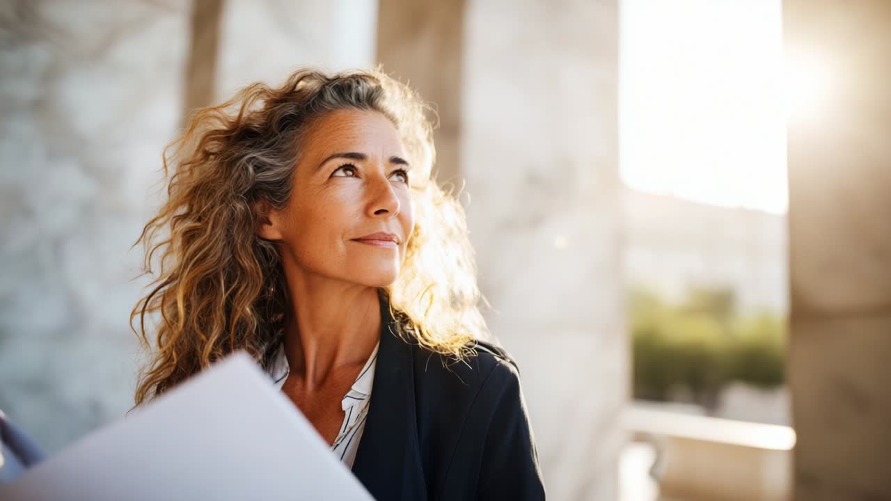 Una mujer segura de sí misma con pelo rizado mira pensativamente a la distancia, disfrutando del cálido resplandor del sol mientras sostiene documentos, lo que simboliza el éxito y la inspiración en sus proyectos