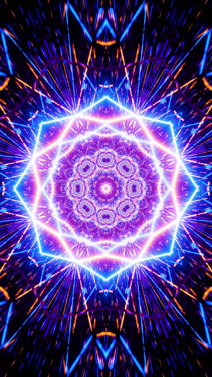 volando en un túnel con luces fluorescentes azules y amarillas intermitentes. video en bucle vertical de caleidoscopio