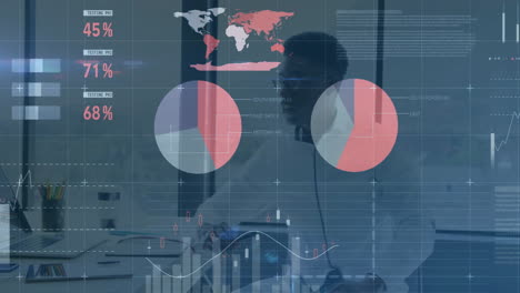 animación del procesamiento de datos financieros sobre un hombre de negocios afroamericano que usa una computadora portátil
