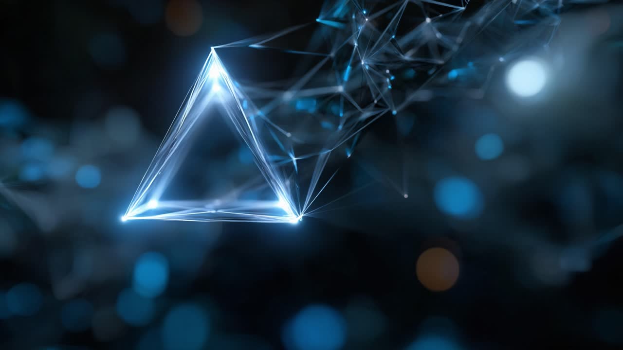 Abstrakte blå geometriske former og lysmønstre pulserer i et dynamisk digitalt rum, der repræsenterer moderne teknologi og innovation