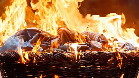 a basket full of clothes on fire with smoke coming out of it