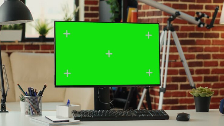 Greenscreen-skærm på computer med tomt skrivebord i stuen