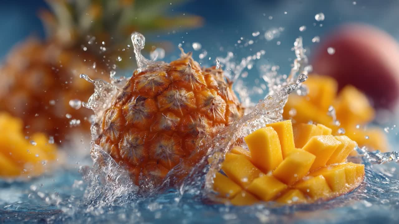 A vibrant splash of fresh pineapple and mango showcasing their juicy textures and colors, creating a refreshing tropical scene with droplets of water enhancing their appeal