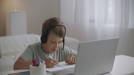 schoolchild is staying home alone at daytime at vacation chatting online in internet using notebook and headphones