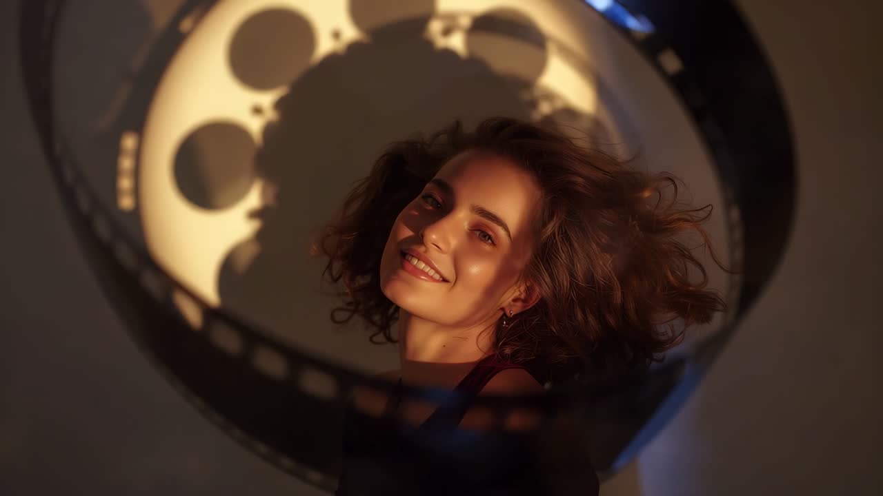 Model smiling and tilting head in studio, with film reel pattern and breeze lifting hair