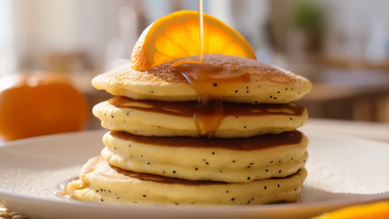 Stack of Pancakes with Orange Slice and Syrup