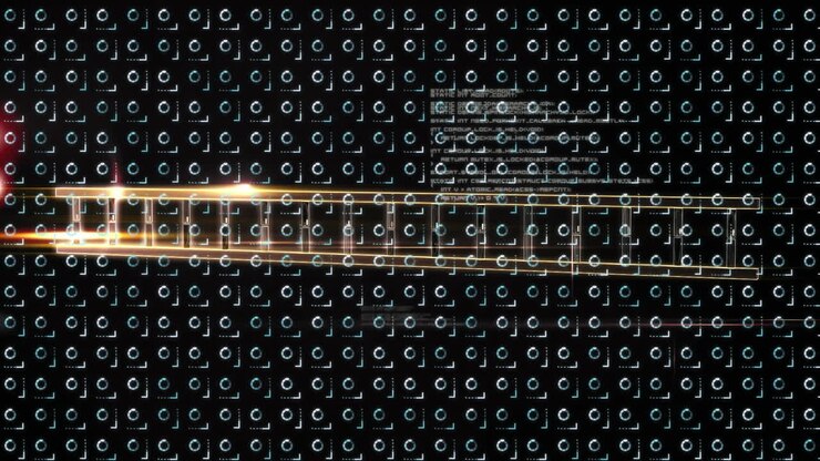 Animation of data processing and dna chain over rotating loading circles on black background