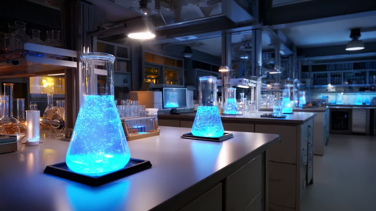 Illuminated Lab Scene Featuring Glowing Beakers and Apparatus Highlighting a Scientific Environment with Fluorescent Liquids and Modern Equipment, Creating a Vision of Innovation and Experimentation