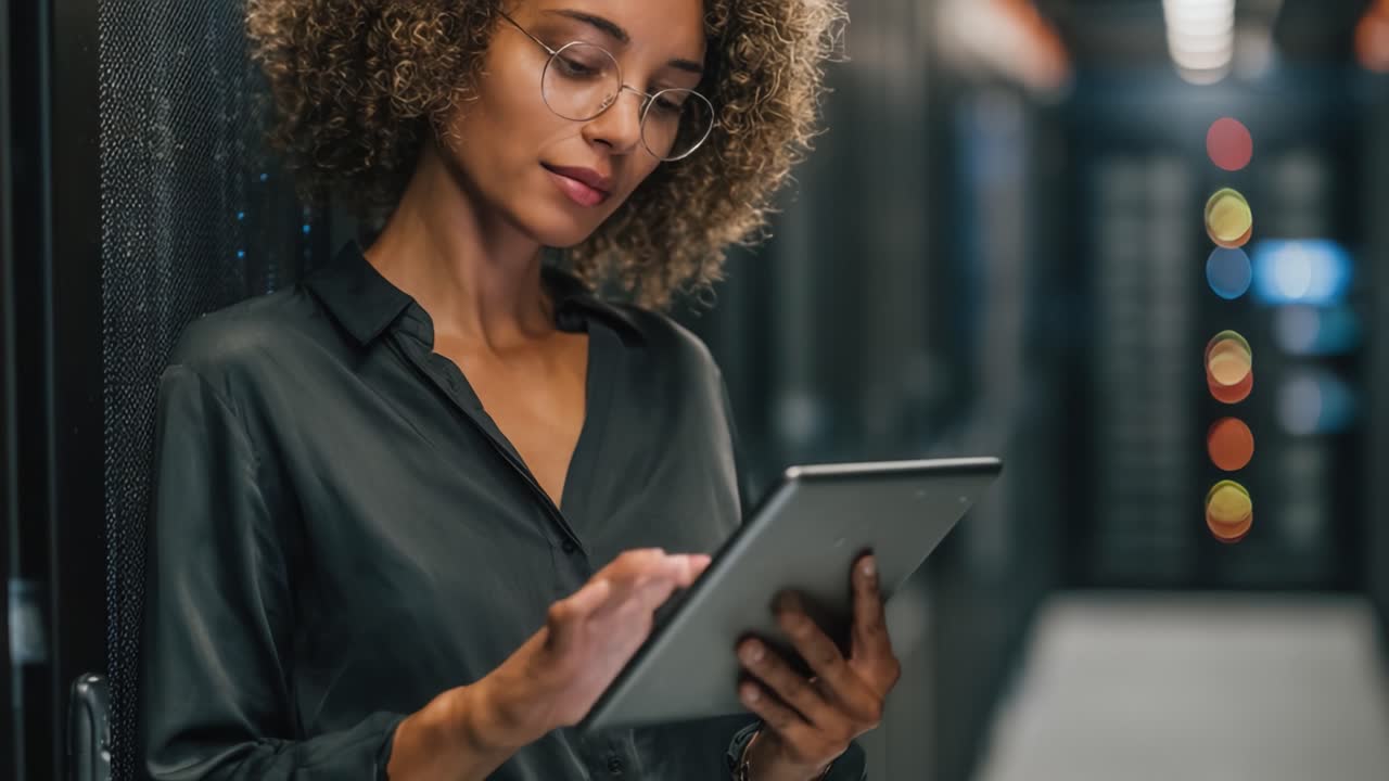 Focused Female IT Professional Using a Tablet in a Server Room, Reflecting on Digital Solutions and Network Management Skills in a High-Tech Environment